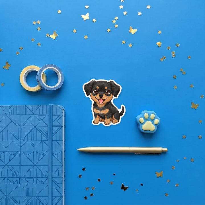Chiweenie Black &amp; Tan kawaii magnet flat lay with stationery – Designs by Mysh