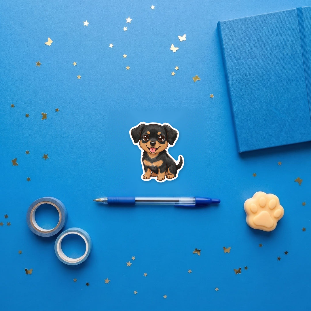 Chiweenie Black &amp; Tan kawaii sticker flat lay with stationery – Designs by Mysh