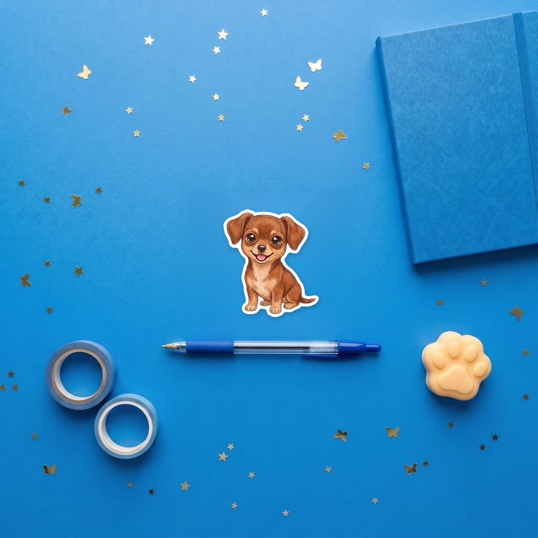Chiweenie Brown kawaii sticker flat lay with stationery – Designs by Mysh