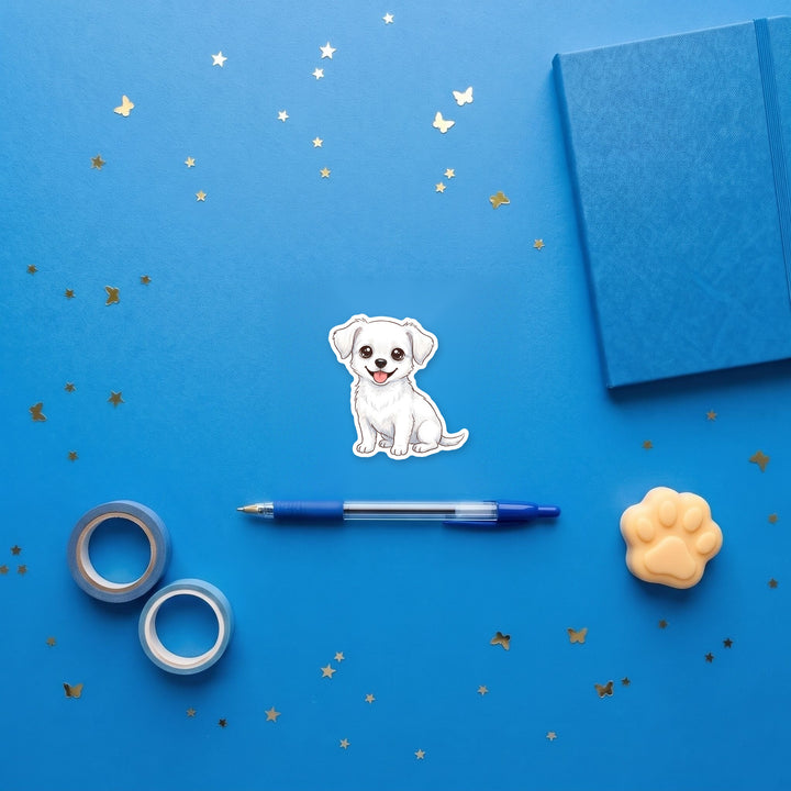 Chiweenie White kawaii sticker flat lay with stationery – Designs by Mysh