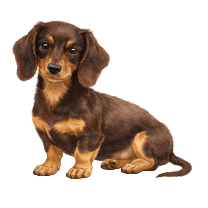 Brown and tan dachshund sitting on a white background