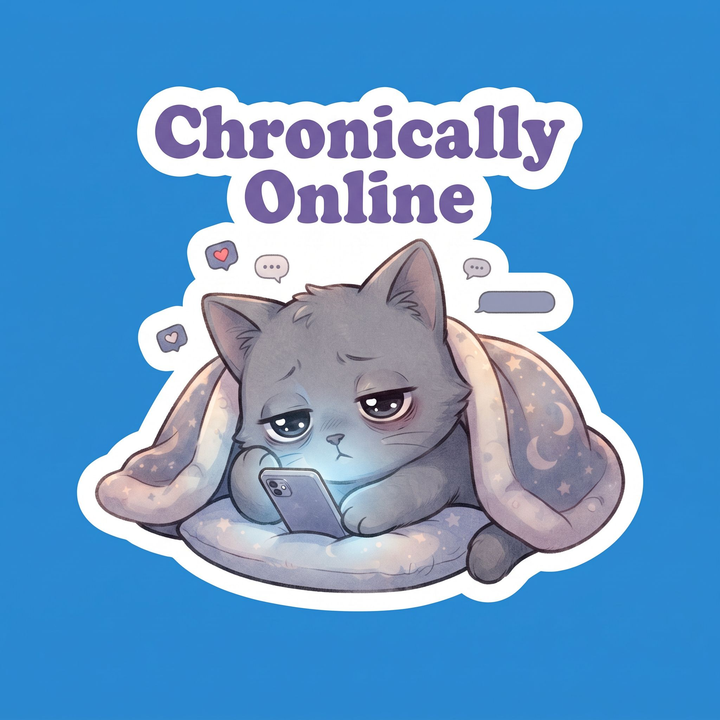 Chronically Online vinyl sticker with a sleepy grey kitten holding a phone under a blanket