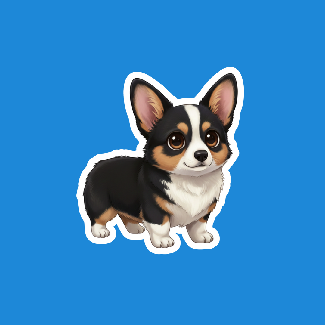 A cartoon-style sticker or decal of a small black, white, and tan dog with large ears, shown on a solid blue background.