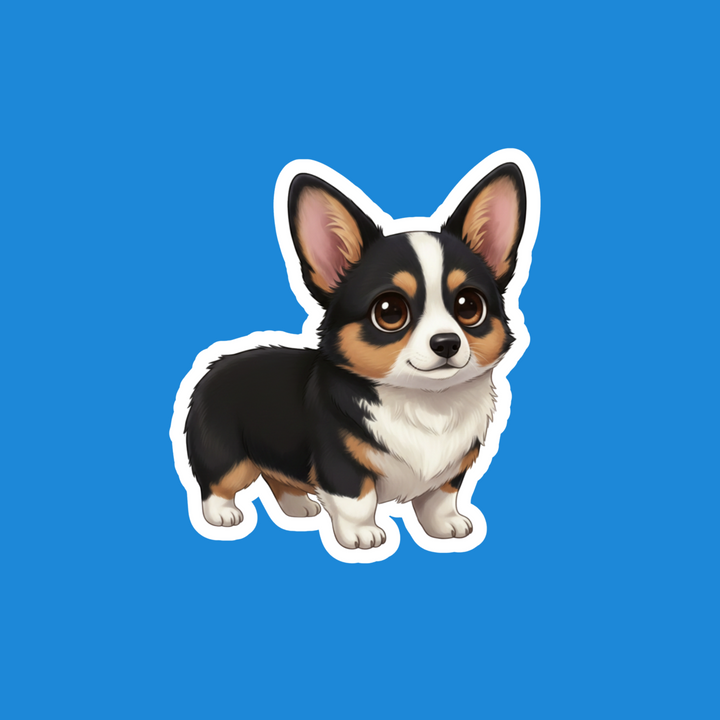 A cartoon-style sticker or decal of a small black, white, and tan dog with large ears, shown on a solid blue background.