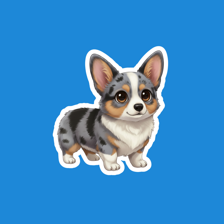 A die-cut sticker featuring a cute cartoon-style Corgi dog with a blue-gray, white, and tan coat, shown on a solid blue background.