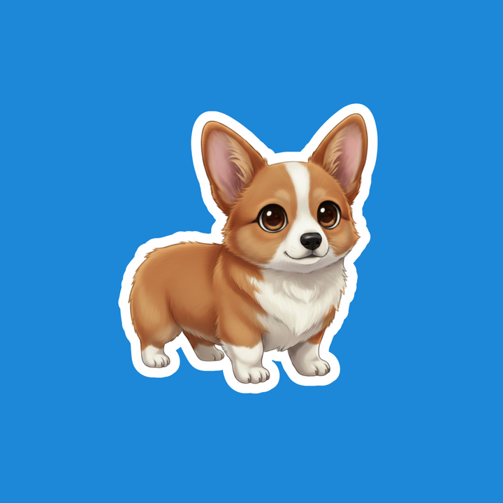 A die-cut sticker of a cute cartoon Pembroke Welsh Corgi dog, shown on a solid blue background.