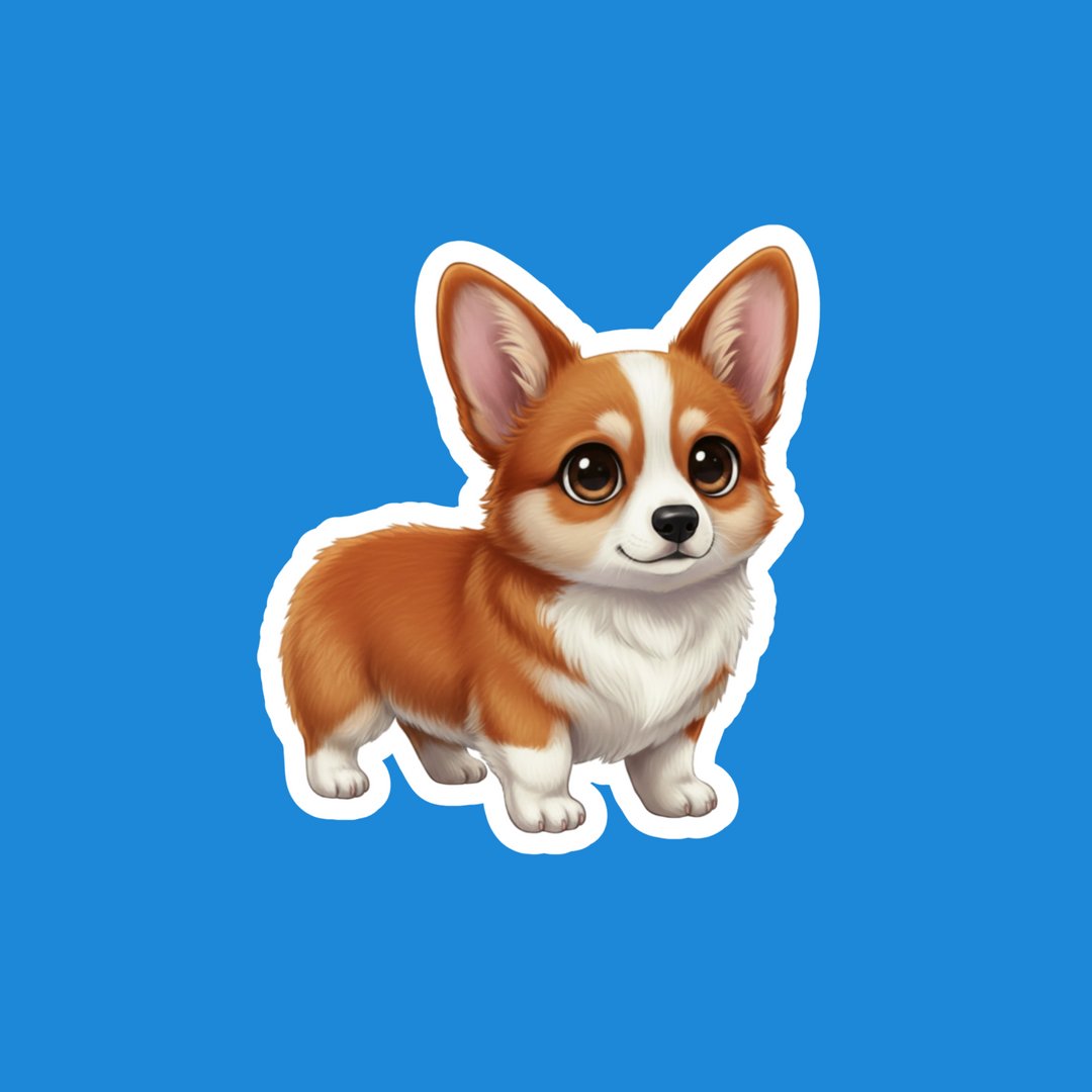 A die-cut sticker of a cute cartoon Pembroke Welsh Corgi dog, shown on a solid blue background.