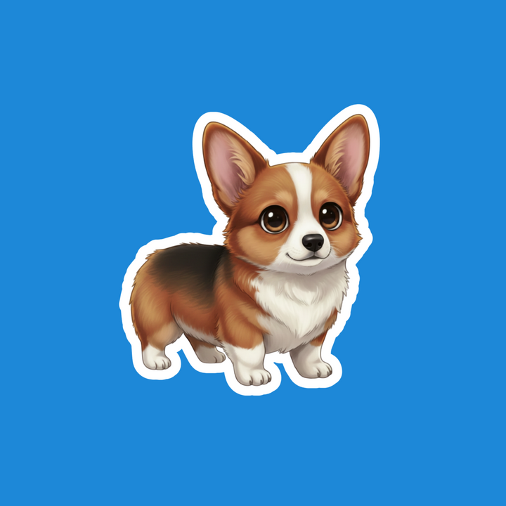 A die-cut sticker featuring a cute cartoon-style brown and white Pomeranian dog, shown on a solid blue background.