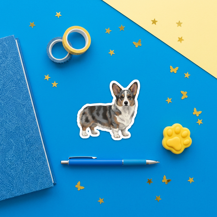 Corgi Blue Merle Watercolor Sticker brand flat lay - Designs by Mysh