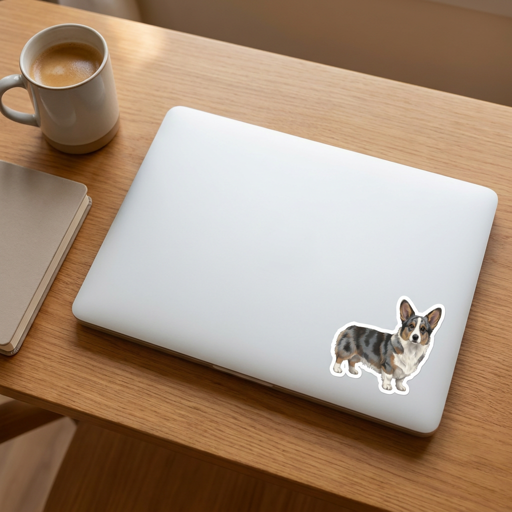Corgi Blue Merle Watercolor Sticker on a laptop - Designs by Mysh