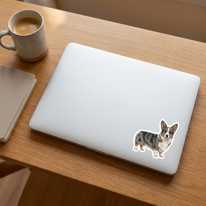 Corgi Blue Merle Watercolor Sticker on a laptop - Designs by Mysh