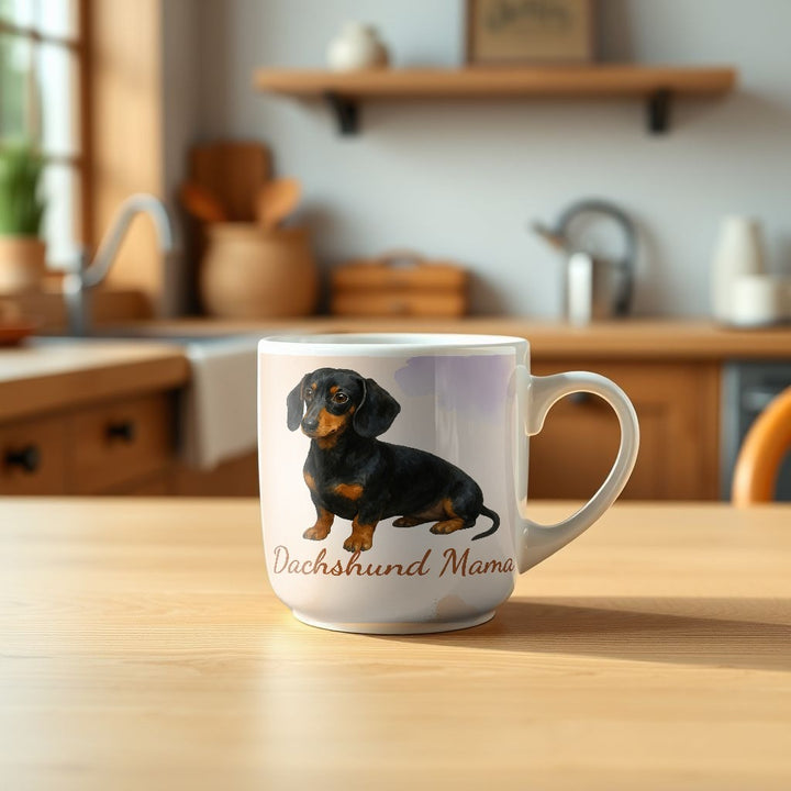 Dachshund Mama watercolor Black and Tan Dachshund mug on a kitchen table - Designs by Mysh