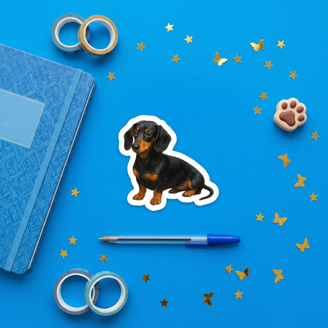 Dachshund Black Tan Sticker brand flat lay - Designs by Mysh