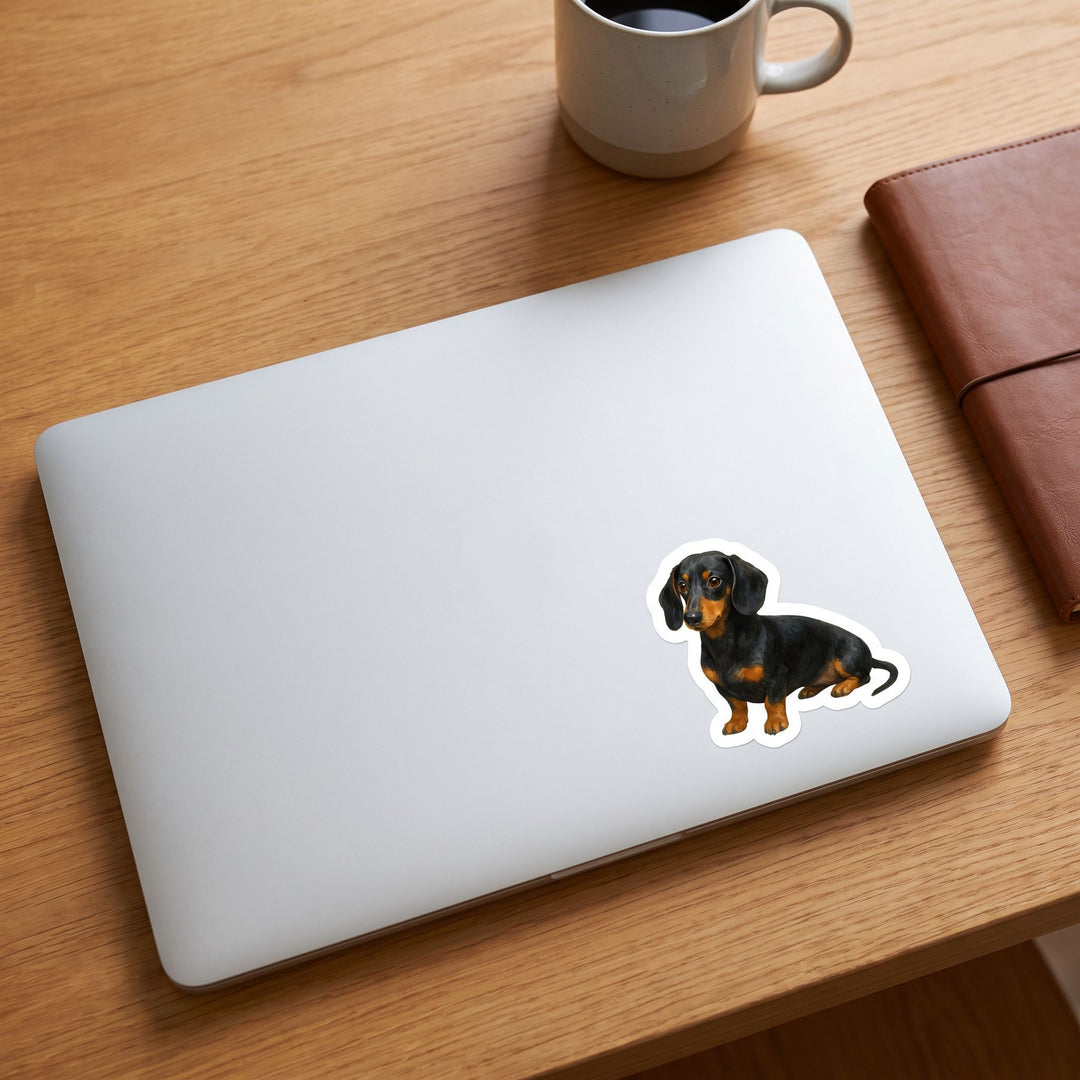 Dachshund Black Tan Sticker on a laptop - Designs by Mysh