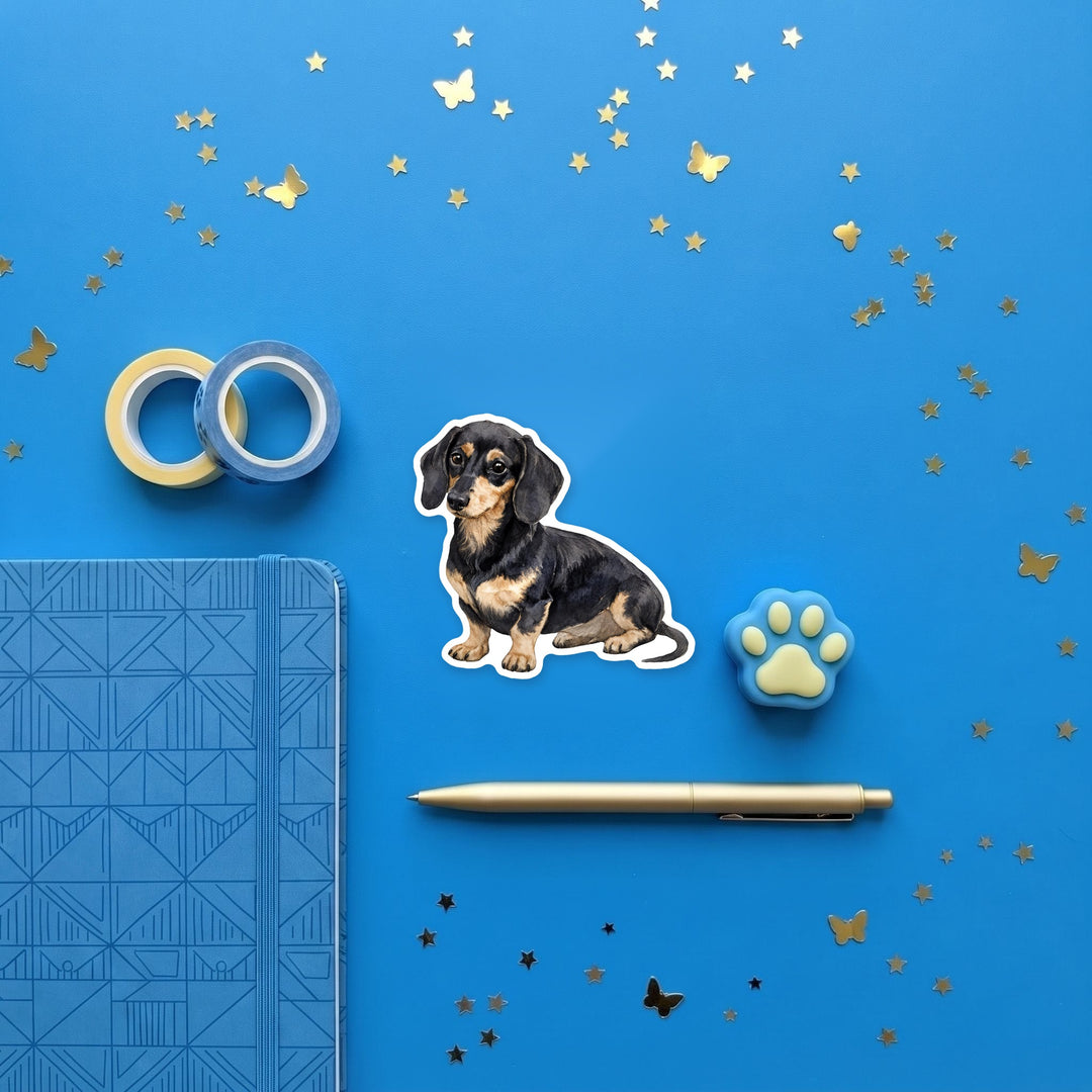 Dachshund Black and Cream magnet flat lay with stationery