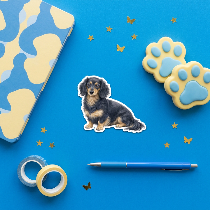 Blue and Cream Longhair Dachshund watercolor vinyl sticker 3 inch flat lay with blue and yellow stationery – Designs by Mysh