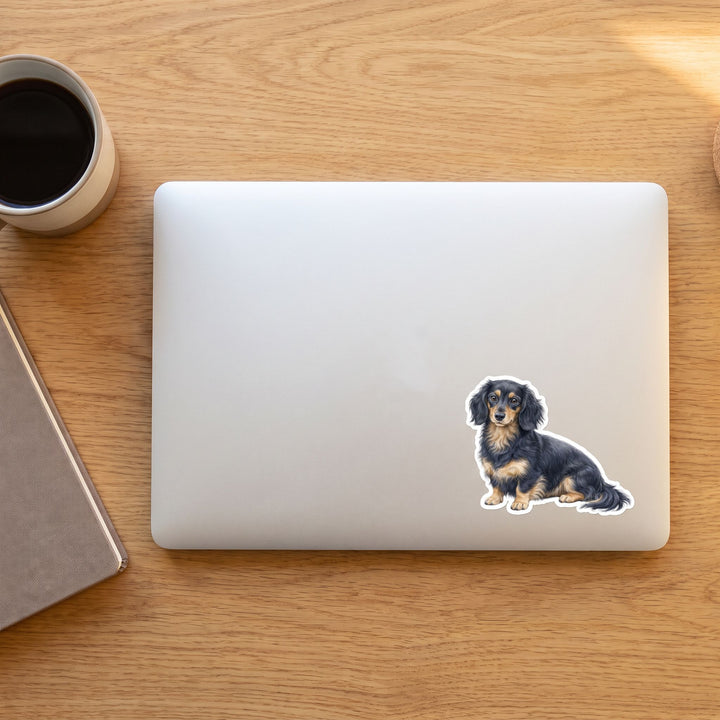 Blue and Cream Longhair Dachshund watercolor vinyl sticker on a laptop lid – Designs by Mysh