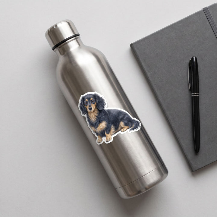 Blue and Cream Longhair Dachshund watercolor vinyl sticker on a stainless water bottle – Designs by Mysh