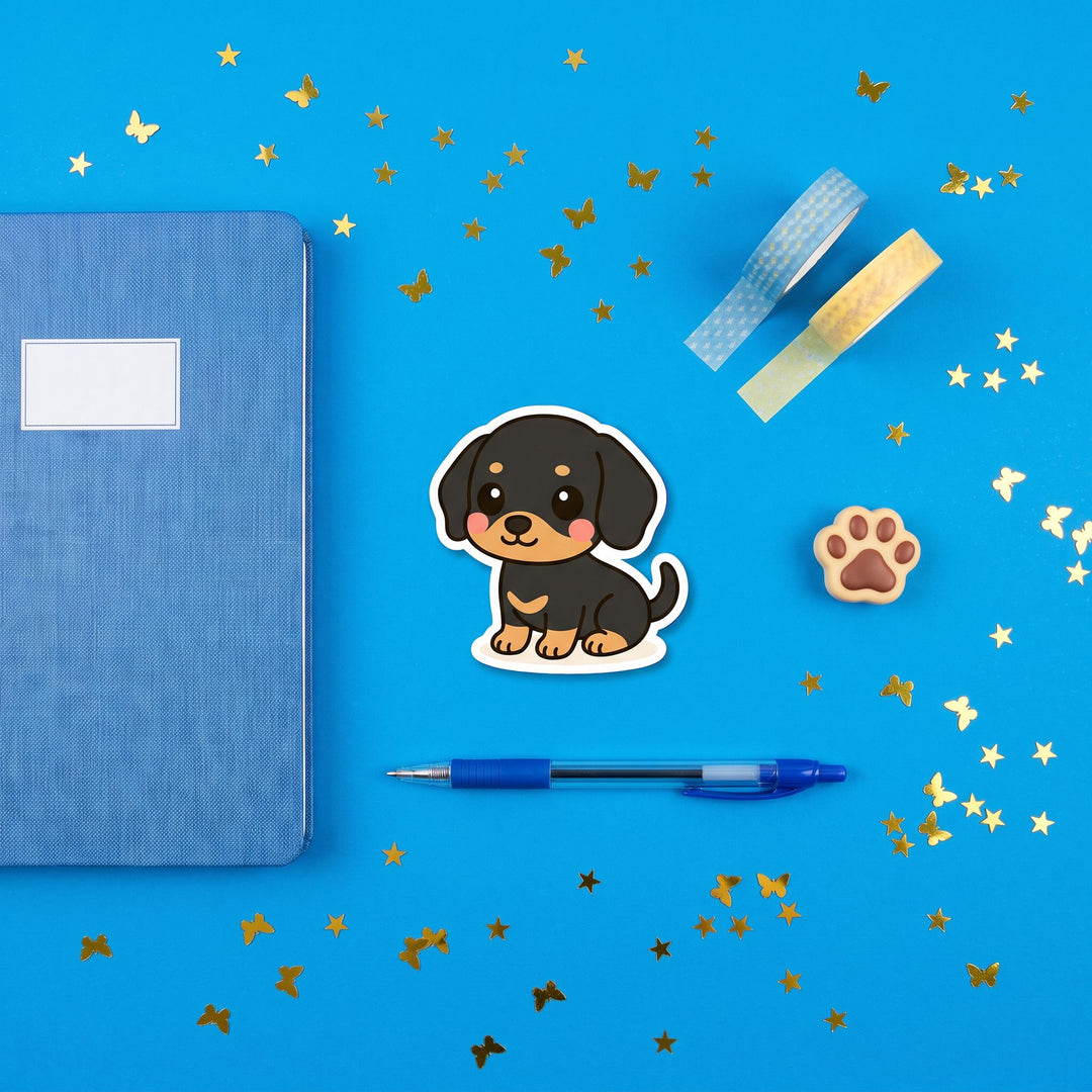 Dachshund Blue Tan Kawaii Magnet in a blue flat lay