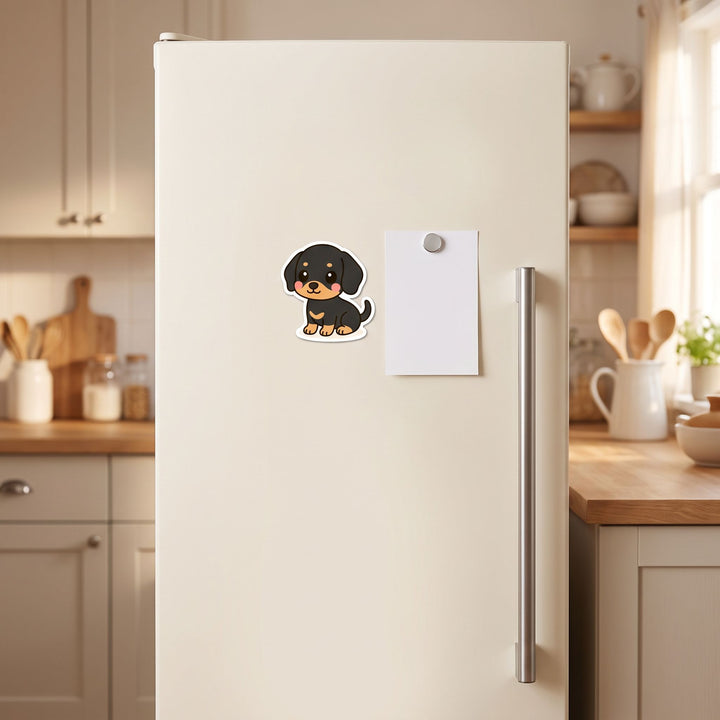 Dachshund Blue Tan Kawaii Magnet on a fridge