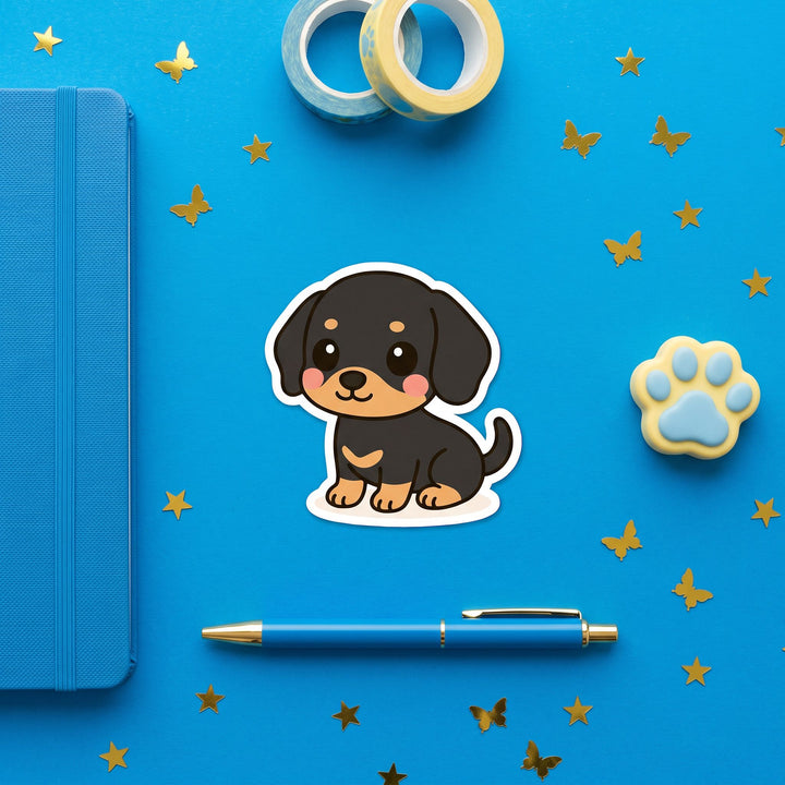 Dachshund Blue Tan Kawaii Sticker brand flat lay - Designs by Mysh
