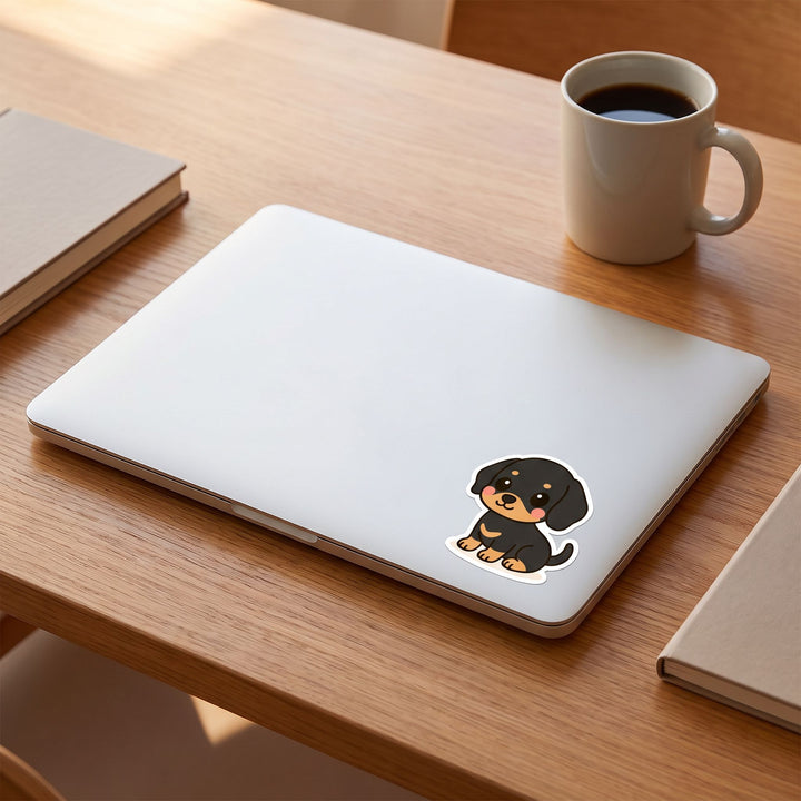 Dachshund Blue Tan Kawaii Sticker on a laptop - Designs by Mysh