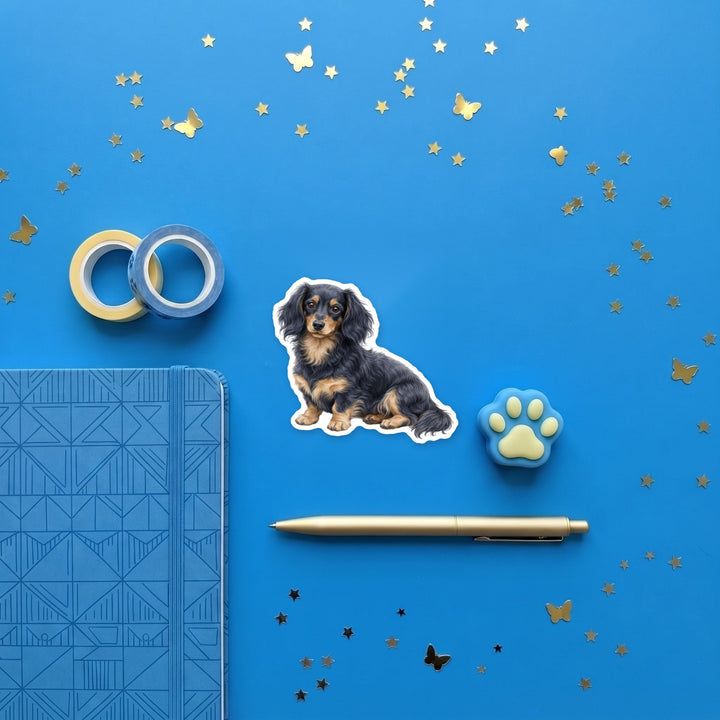 Dachshund Blue and Tan Longhair magnet flat lay with stationery