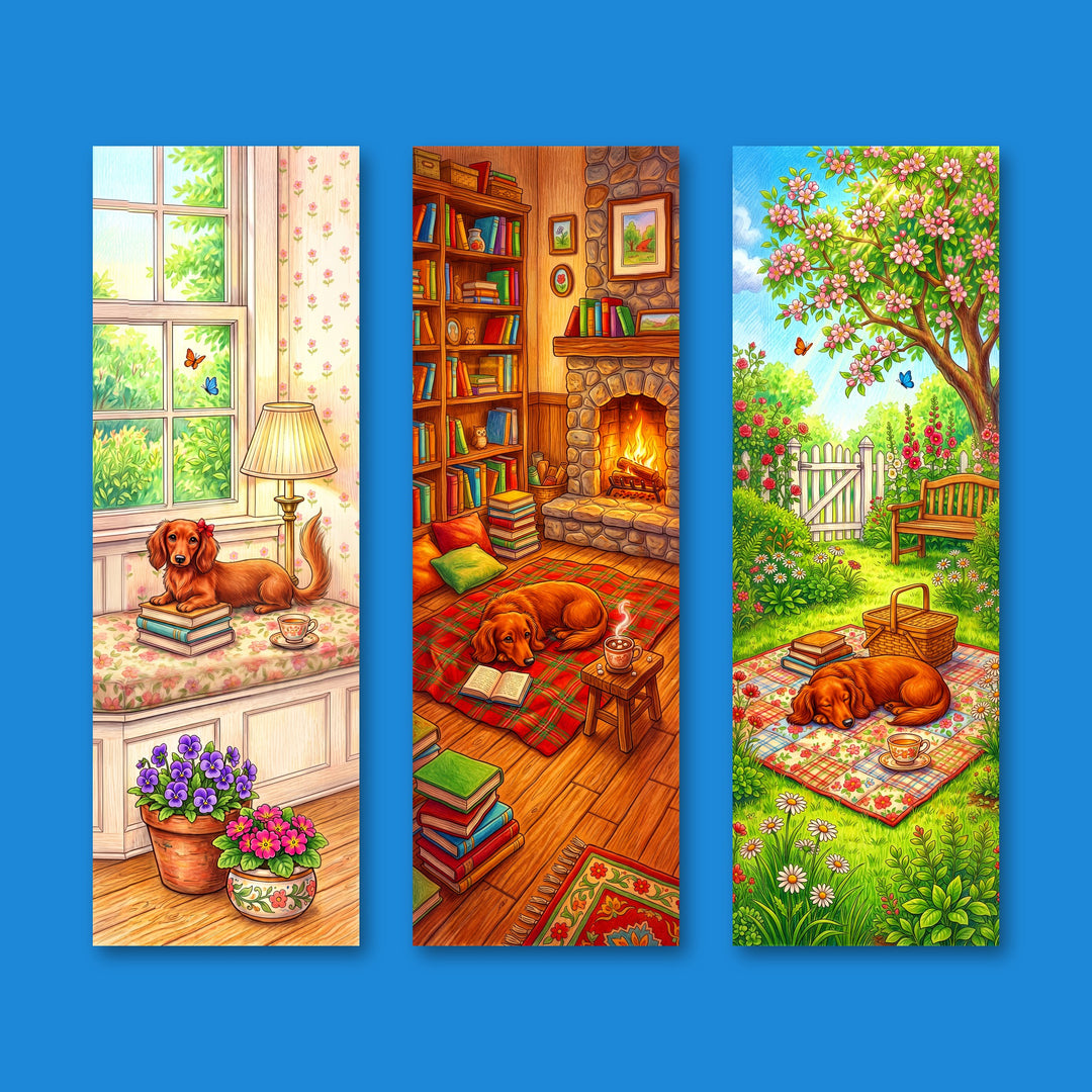 Dachshund bookmark set of 3: doxie on a bookstack, dachshund by a fireplace, dachshund at a garden picnic - 2x6 colored-pencil bookmarks by Designs by Mysh