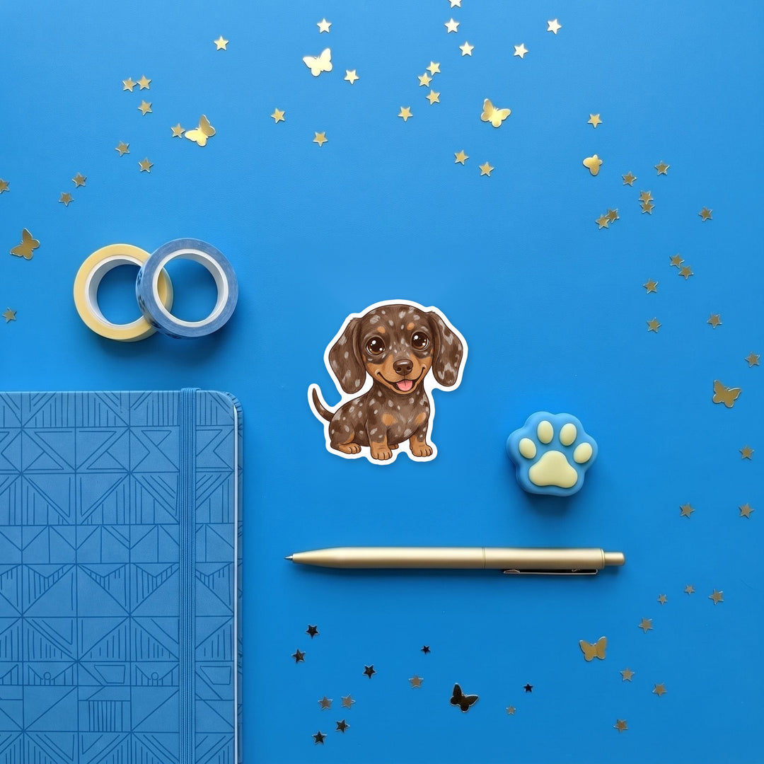 Dachshund Chocolate Dapple kawaii magnet flat lay with stationery – Designs by Mysh