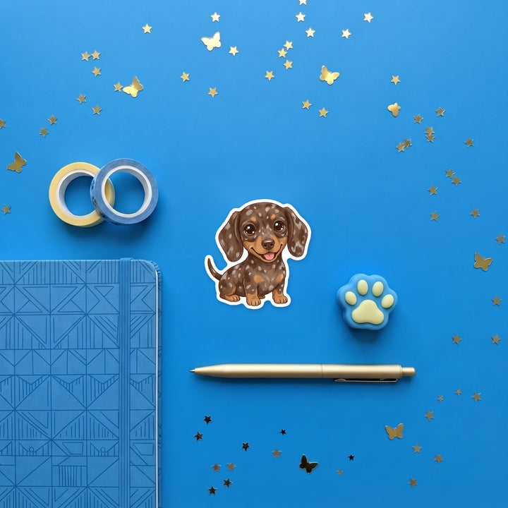 Dachshund Chocolate Dapple kawaii magnet flat lay with stationery – Designs by Mysh
