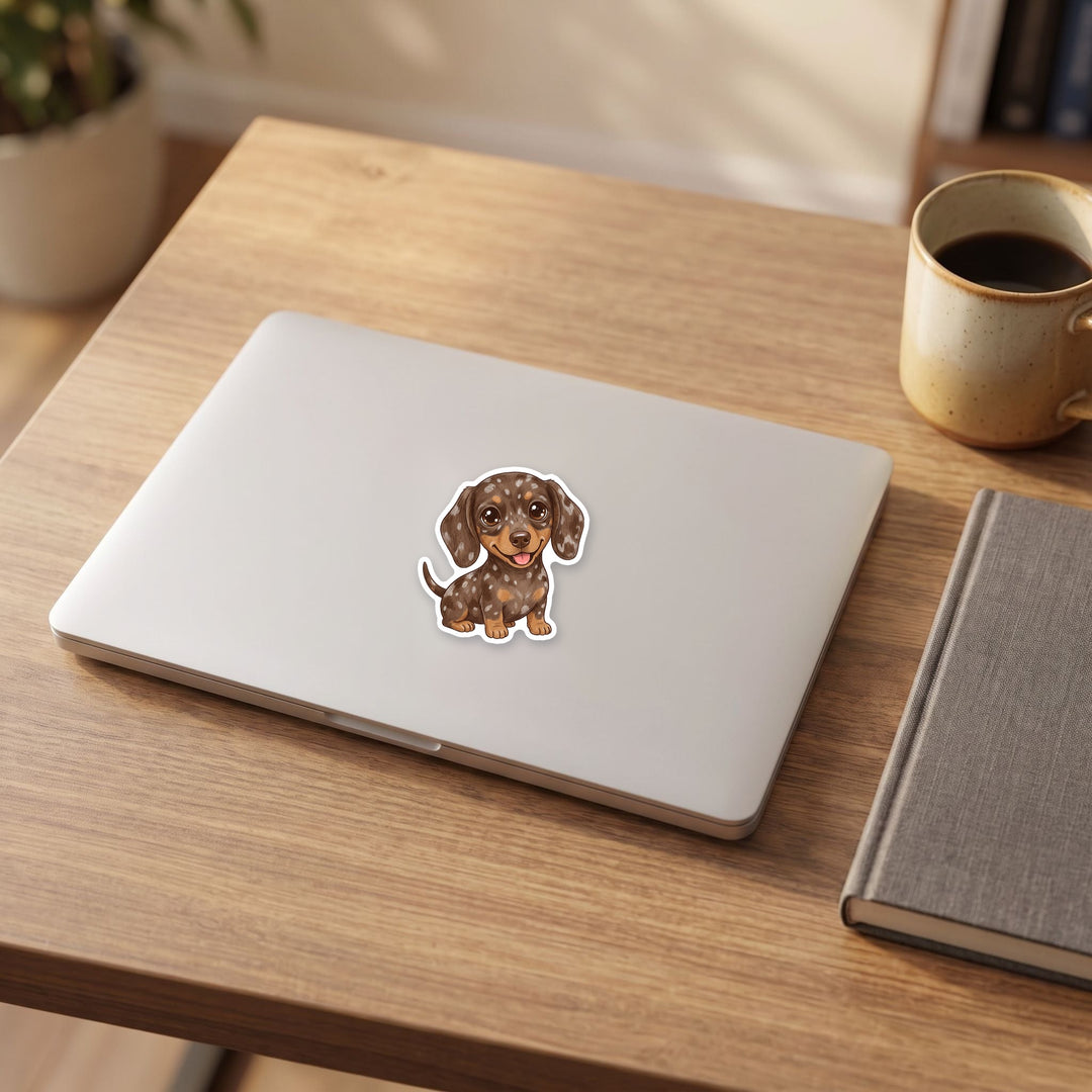 Dachshund Chocolate Dapple kawaii sticker on a laptop – Designs by Mysh