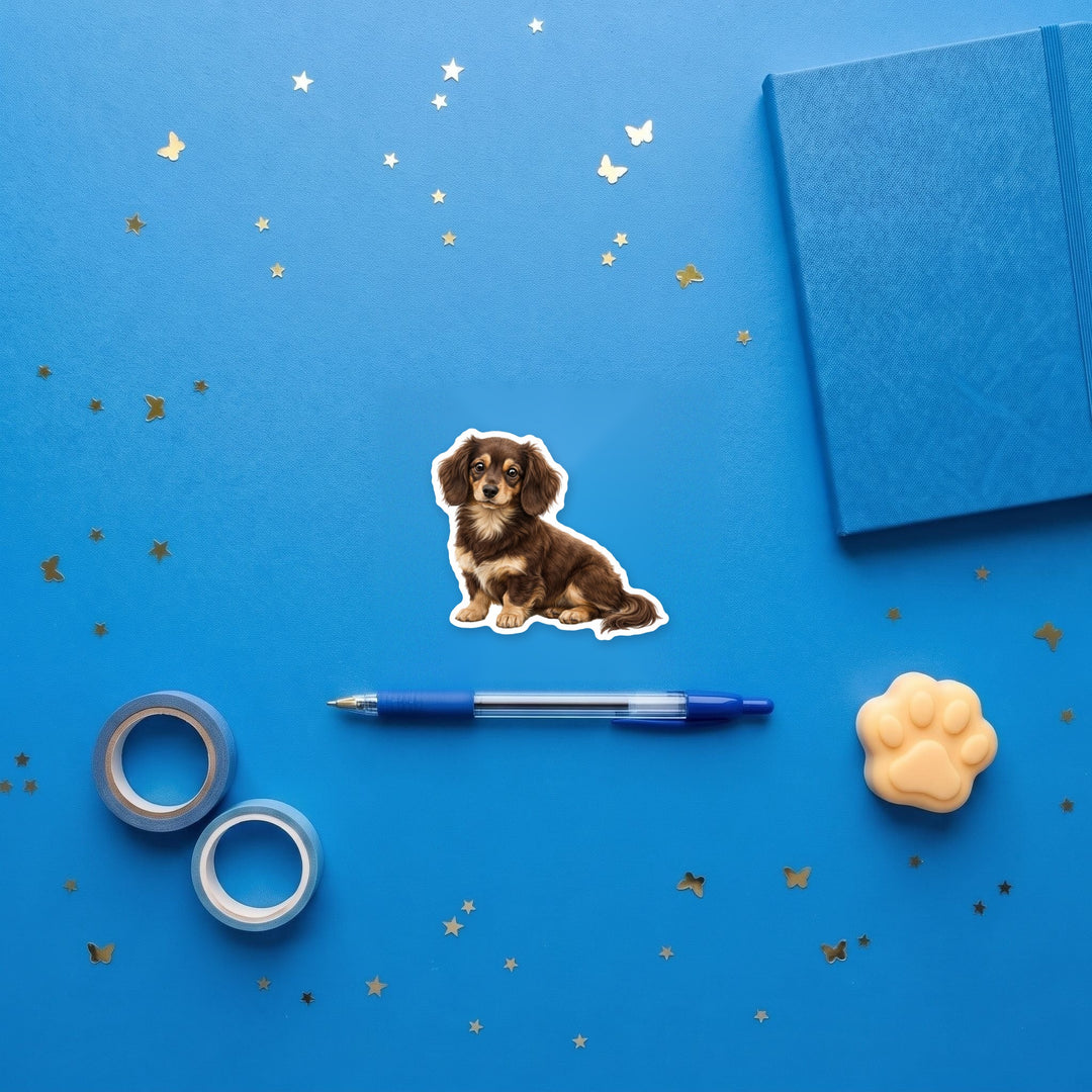 Dachshund Chocolate and Cream Longhair sticker flat lay with stationery