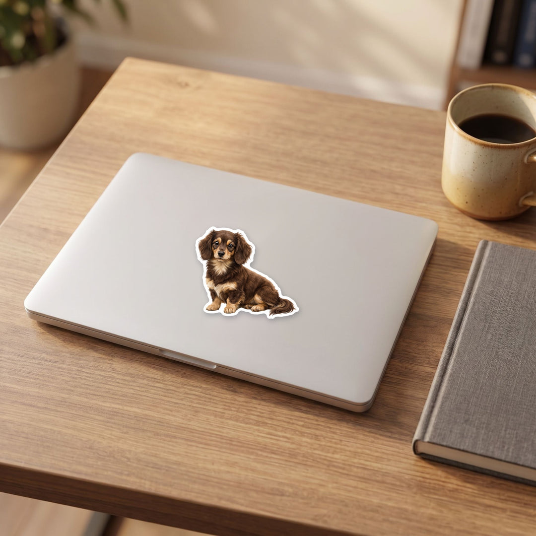 Dachshund Chocolate and Cream Longhair sticker on a laptop