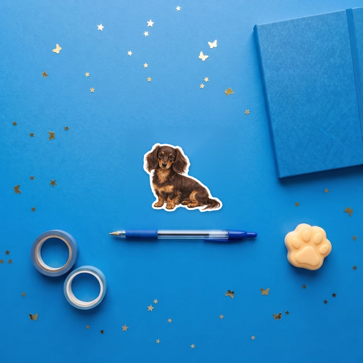 Dachshund Chocolate and Tan Longhair sticker flat lay with stationery