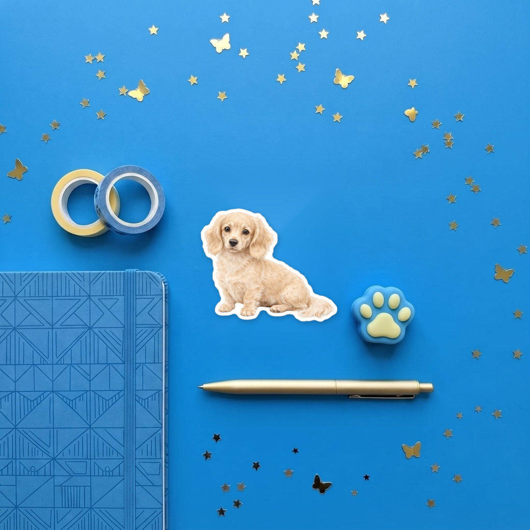 Dachshund Cream Longhair magnet flat lay with stationery