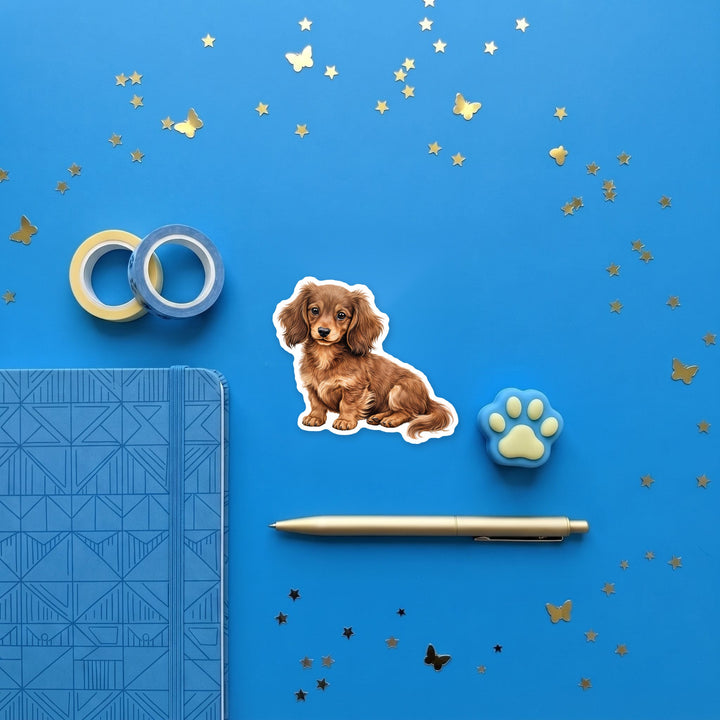 Dachshund Fawn and Tan Longhair magnet flat lay with stationery