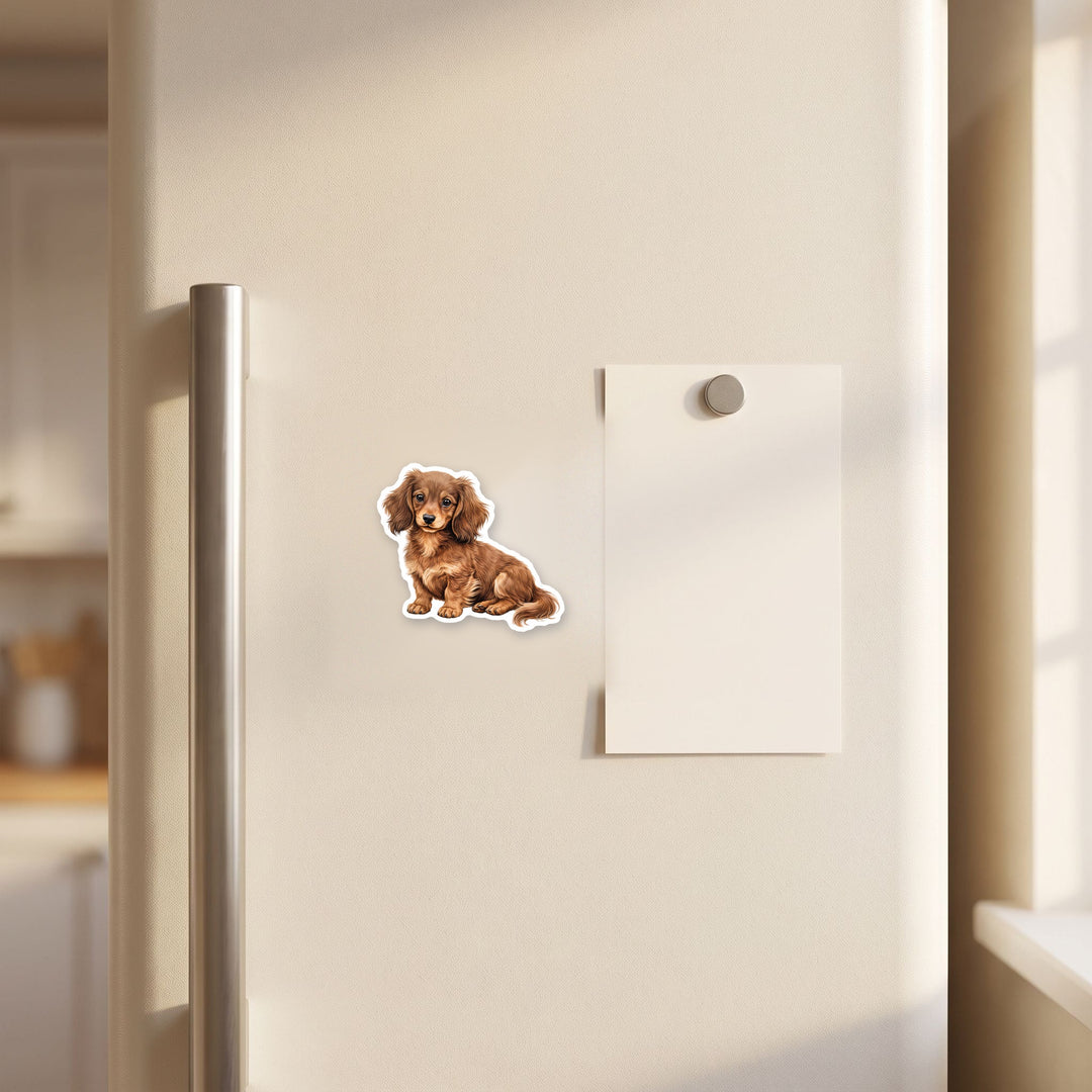 Dachshund Fawn and Tan Longhair magnet on a fridge