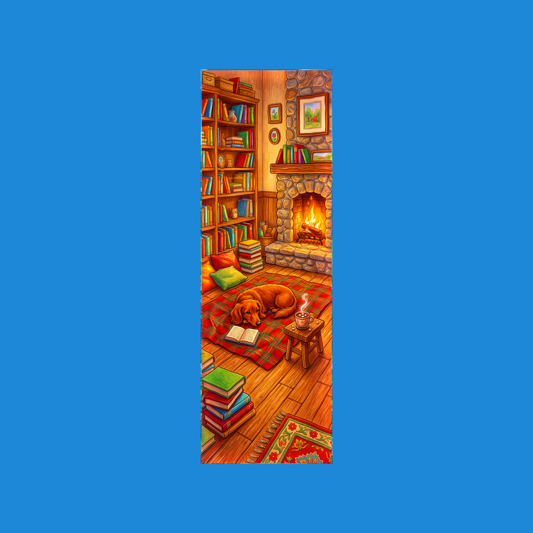Red dachshund napping by a stone fireplace in a cozy library - 2x6 colored-pencil storybook bookmark by Designs by Mysh