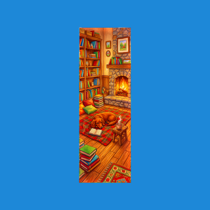 Red dachshund napping by a stone fireplace in a cozy library - 2x6 colored-pencil storybook bookmark by Designs by Mysh