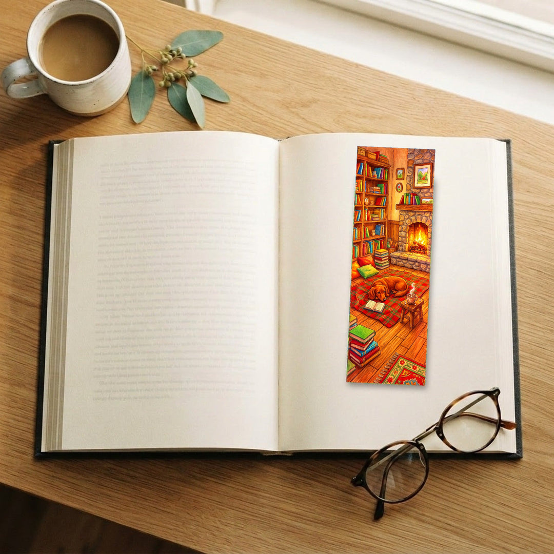 Dachshund Fireside Library bookmark on an open book with coffee and glasses - Designs by Mysh