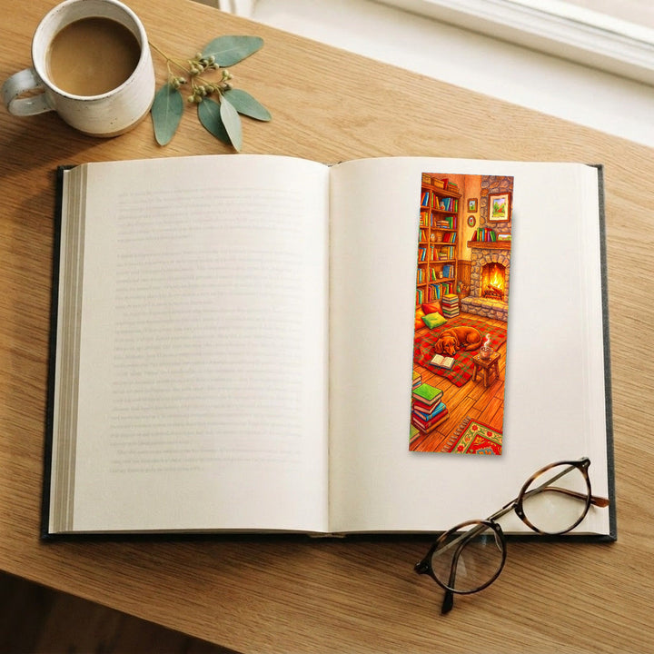 Dachshund Fireside Library bookmark on an open book with coffee and glasses - Designs by Mysh