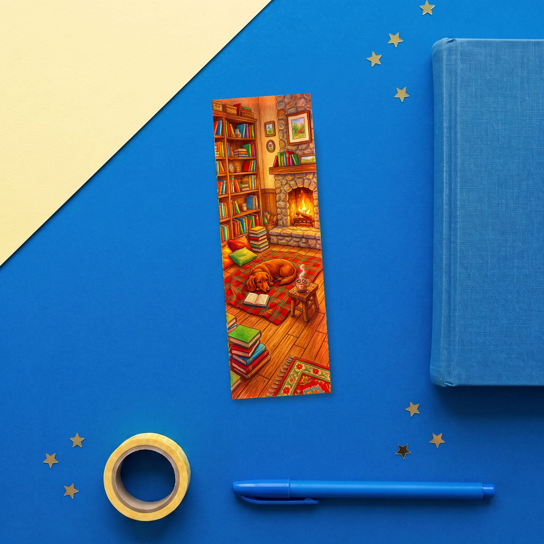Dachshund Fireside Library 2x6 inch bookmark flat lay with blue book and stationery - Designs by Mysh