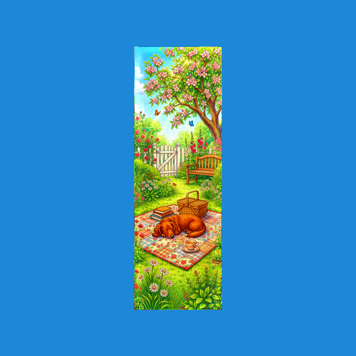 Red dachshund napping on a picnic blanket in a blooming garden - 2x6 colored-pencil storybook bookmark by Designs by Mysh