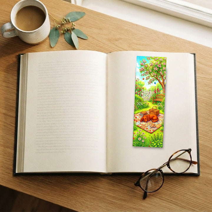 Dachshund Garden Picnic bookmark on an open book with coffee and glasses - Designs by Mysh