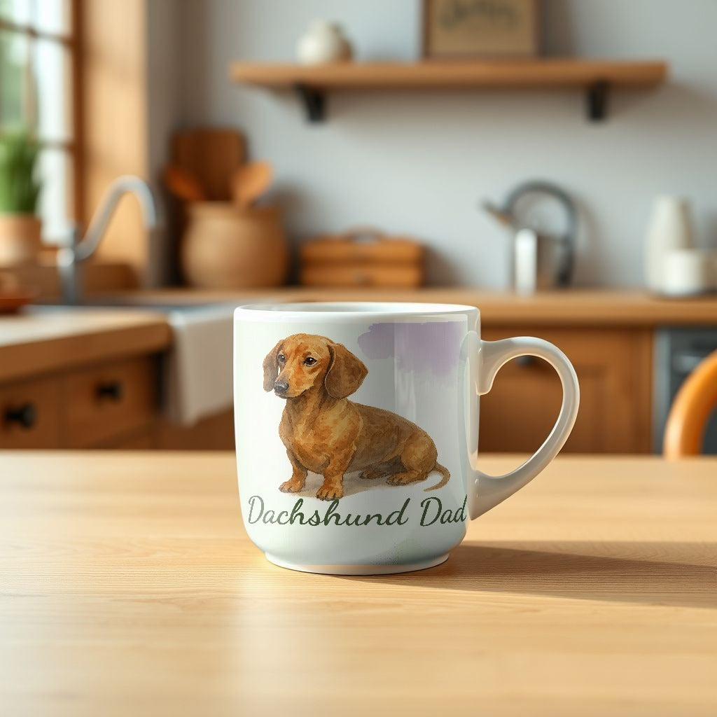 Dachshund Dad watercolor Red Dachshund mug on a kitchen table - Designs by Mysh