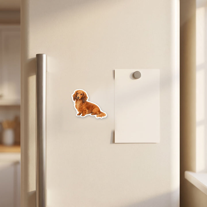 Dachshund Red Longhair magnet on a fridge