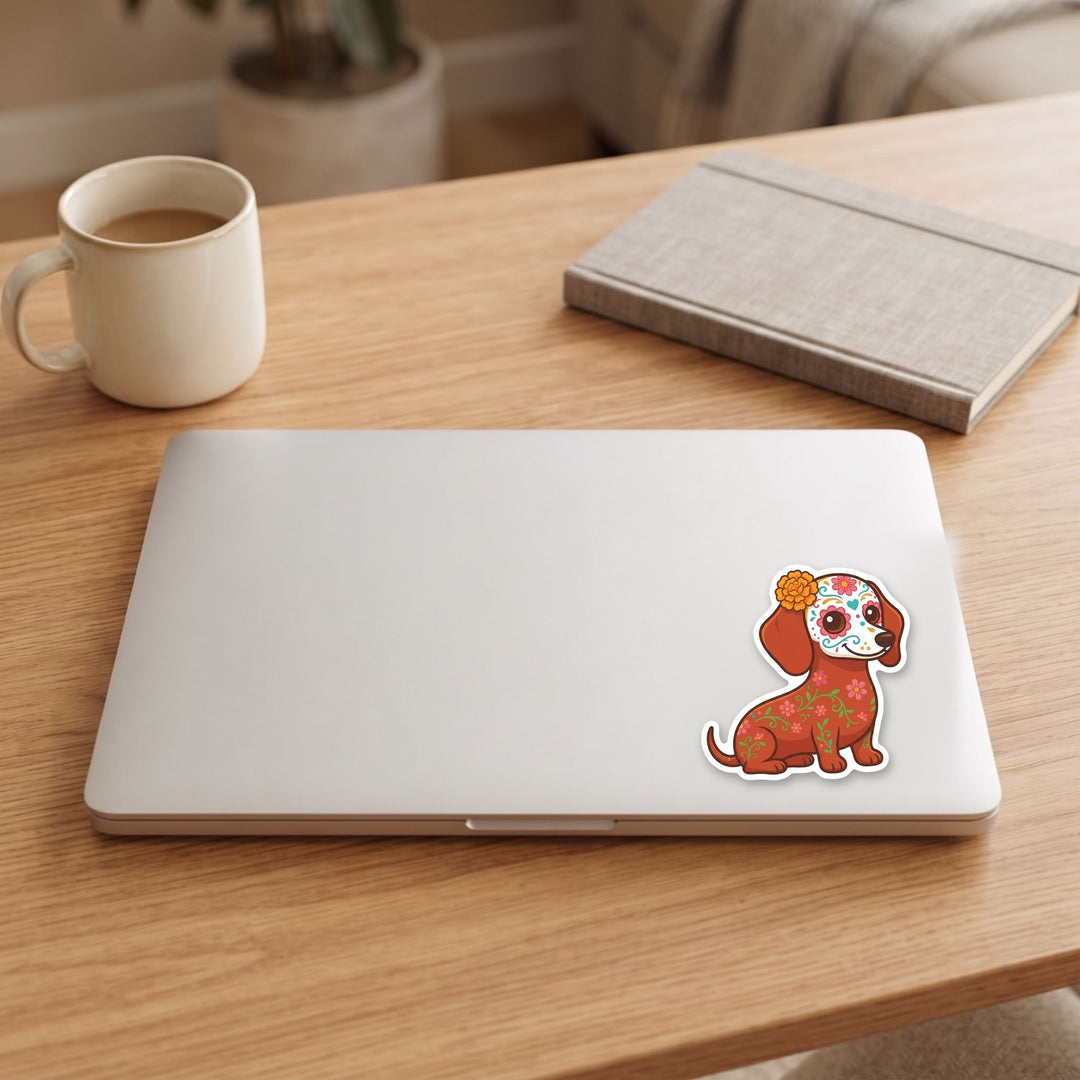 Dachshund sugar skull vinyl sticker on a laptop lid – Designs by Mysh
