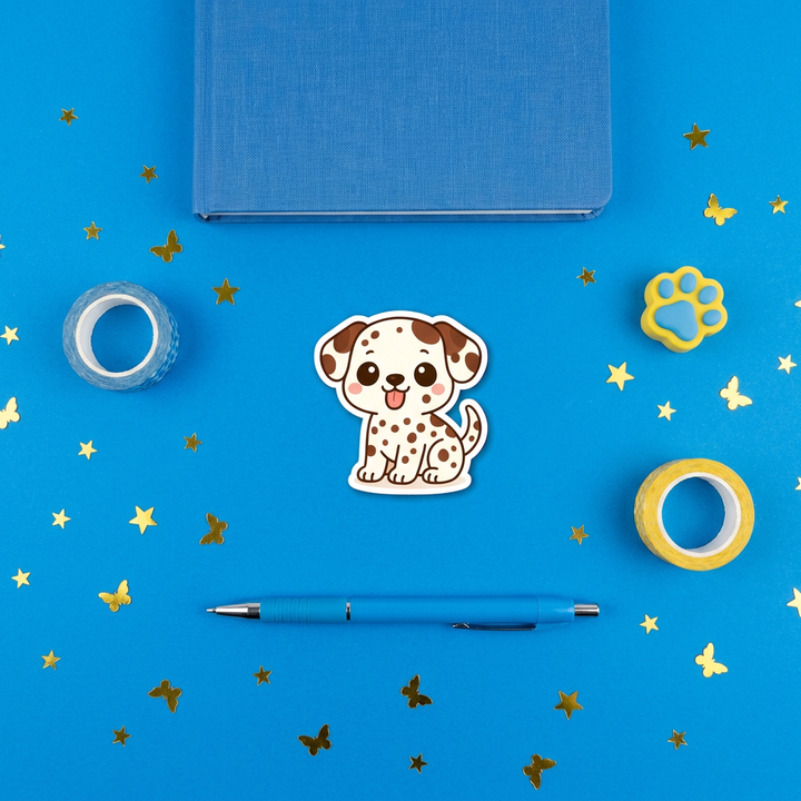Dalmatian Liver Kawaii Magnet in a blue flat lay