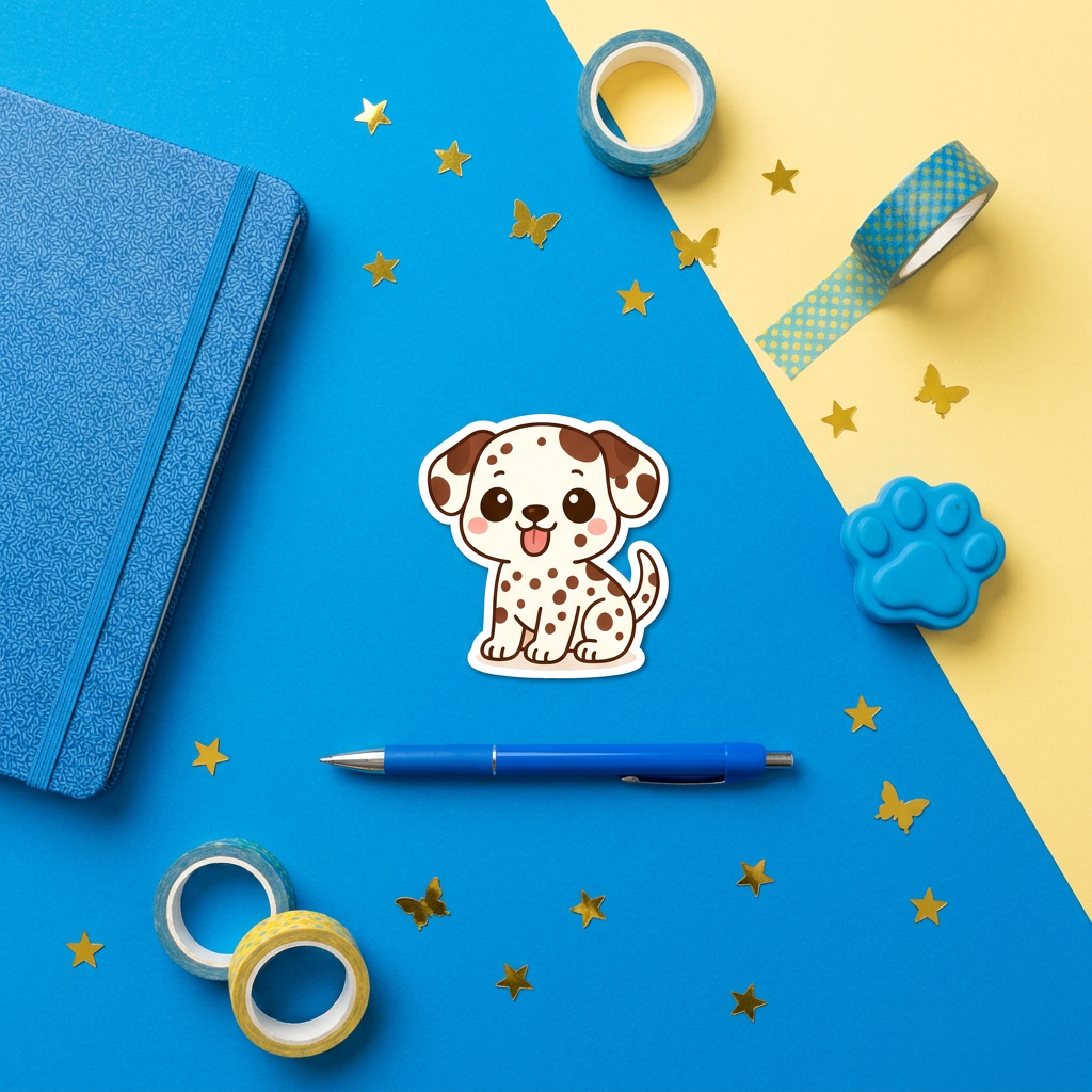 Dalmatian Liver Kawaii Sticker brand flat lay - Designs by Mysh