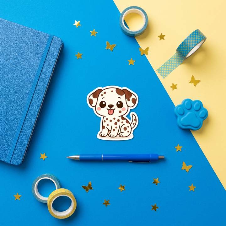 Dalmatian Liver Kawaii Sticker brand flat lay - Designs by Mysh